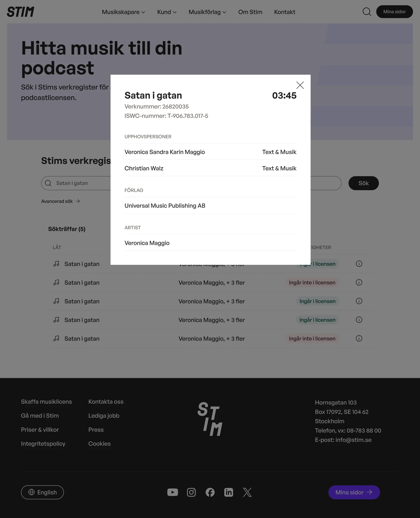 Podcast music track information