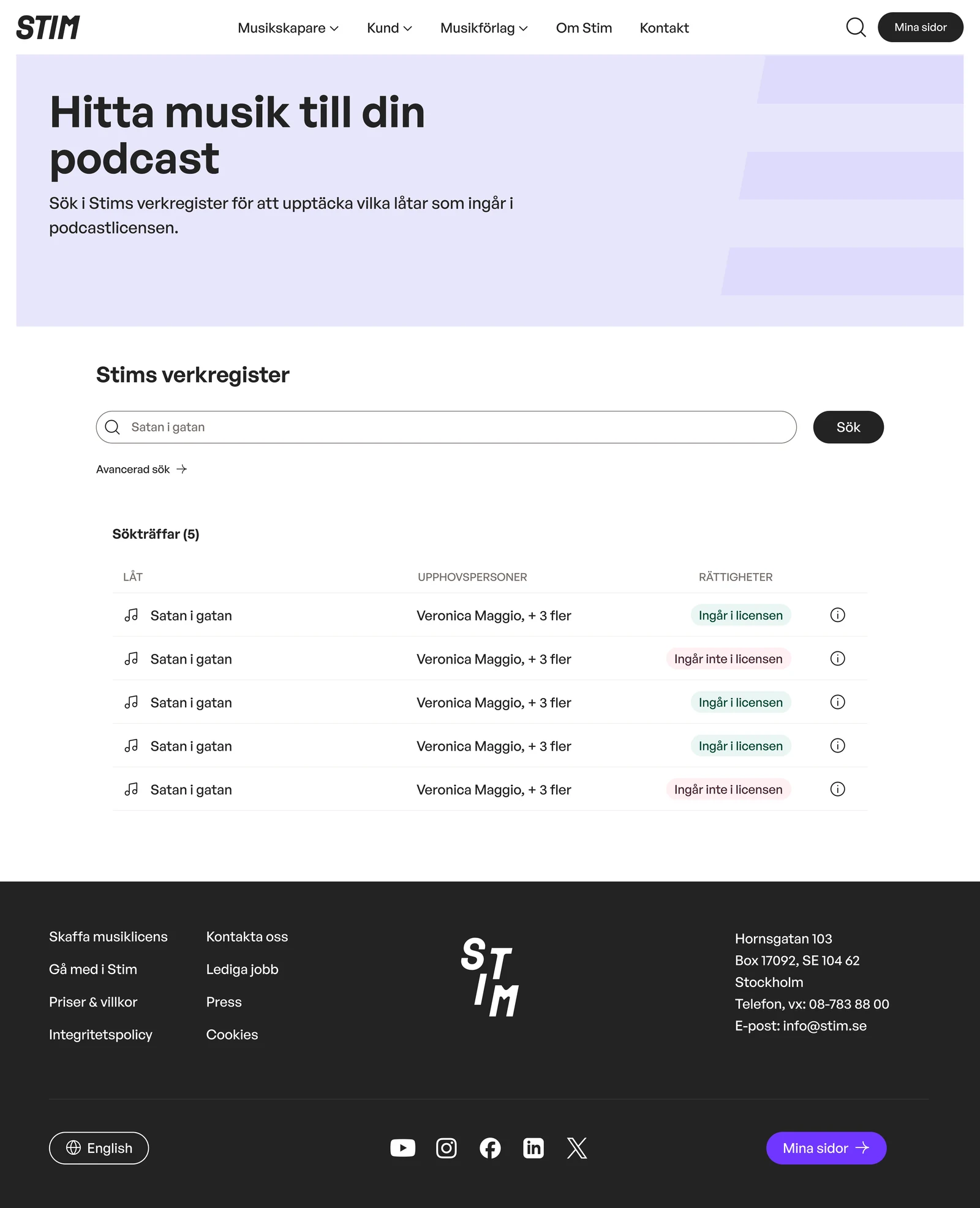Podcast music search results and licence status