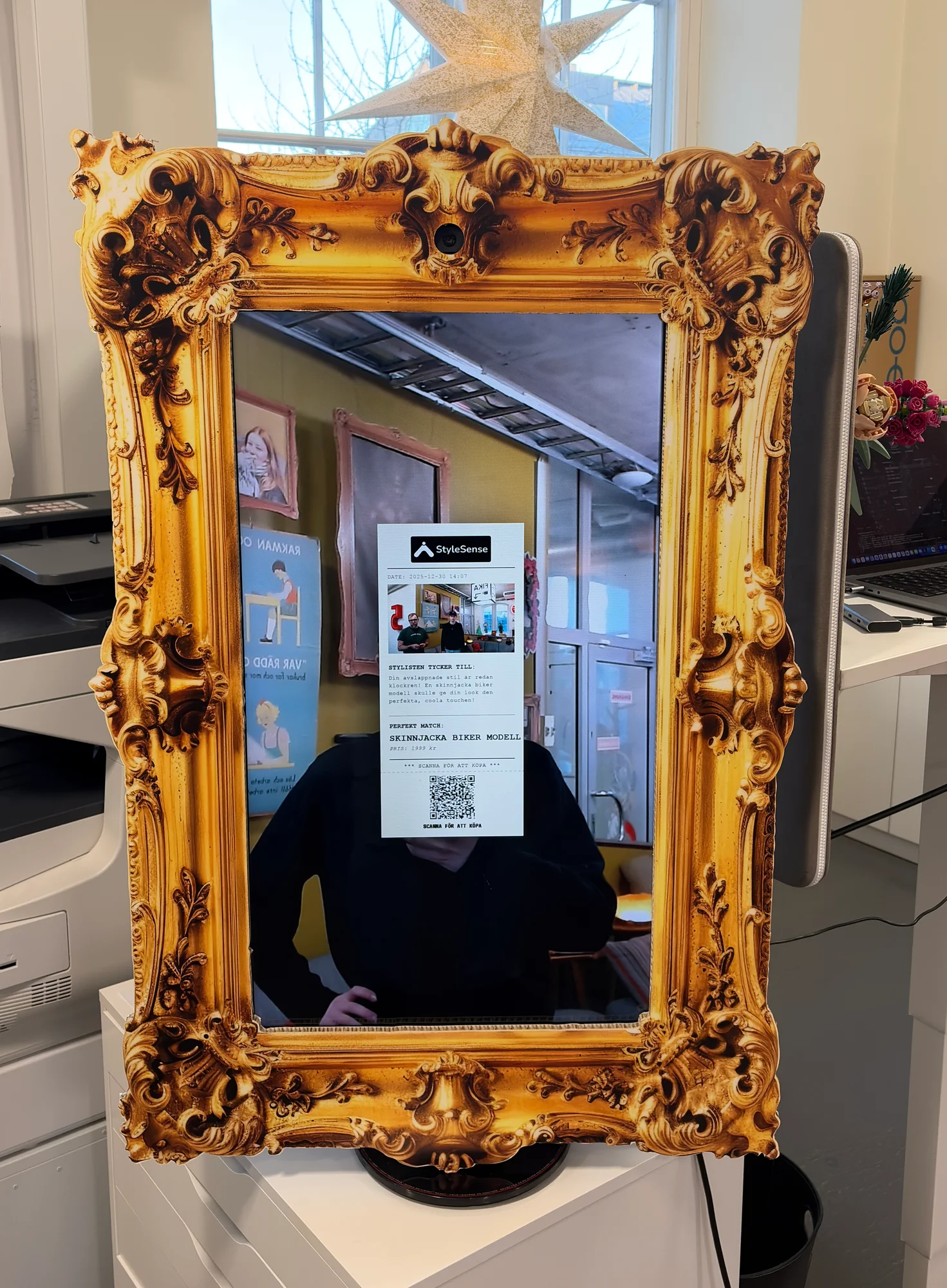 Gold-framed StyleSense prototype with outfit analysis and a product recommendation